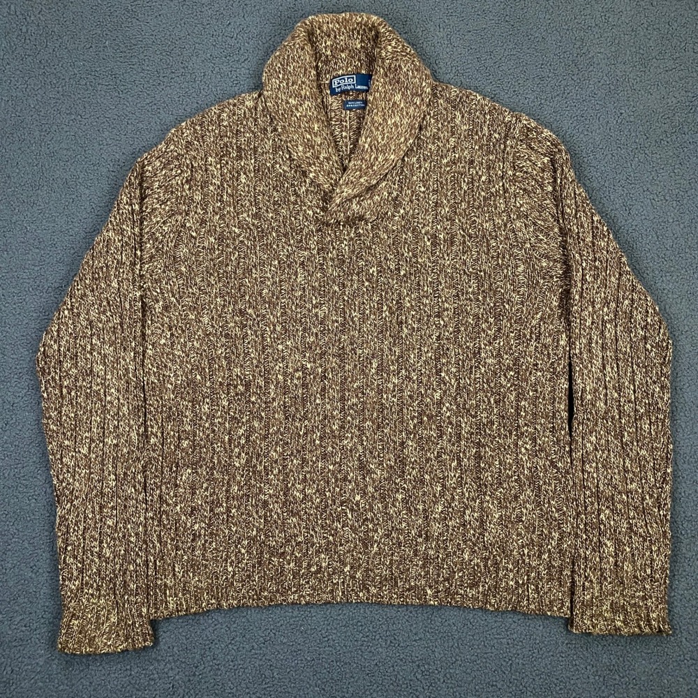 Polo Ralph Lauren Sweater Mens XL Brown Shawl Collar Linen Cotton Cable Knit